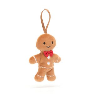  Jellycat Festive Folly Gingerbread Fred (angled view): Gingerbread man with red bowtie, icing details & hanging loop. 