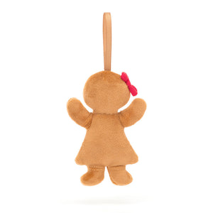 Cuddly Jellycat Gingerbread Ruby ornament (back view): Gingerbread cookie plush with red bow & hanging loop. 