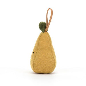 Side: Side view of Jellycat Festive Folly Pear ornament, highlighting its texture and green leaf.