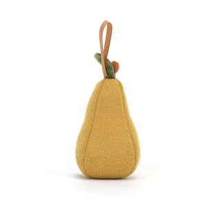 Behind: Back view of Jellycat Festive Folly Pear ornament, showing the full length of the jacquard ribbon.