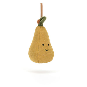 Product slightly to an angle: Jellycat Festive Folly Pear ornament in profile, showing its gold jersey fur and green leaf.