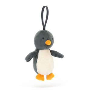 Front view of the Jellycat Festive Folly Penguin showing its soft blue-grey fur, buttercream tummy, and orange suedette beak and feet.