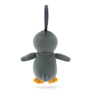 Back view of the Jellycat Festive Folly Penguin showcasing its fluffy blue-grey fur and hanging ribbon detail.