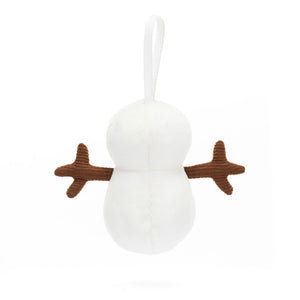 Cuddly Jellycat Festive Folly Snowman (back view): Cream snowman with chocolate cord arms. White ribbon attached for hanging the snowman up.