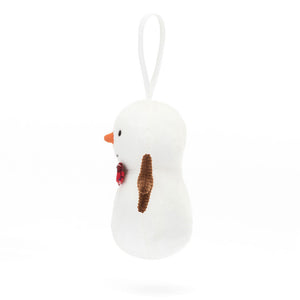 Soft Jellycat Festive Folly Snowman (side view): Cream snowman with tartan bowtie, buttons & carrot nose. White ribbon attached for hanging the snowman up.