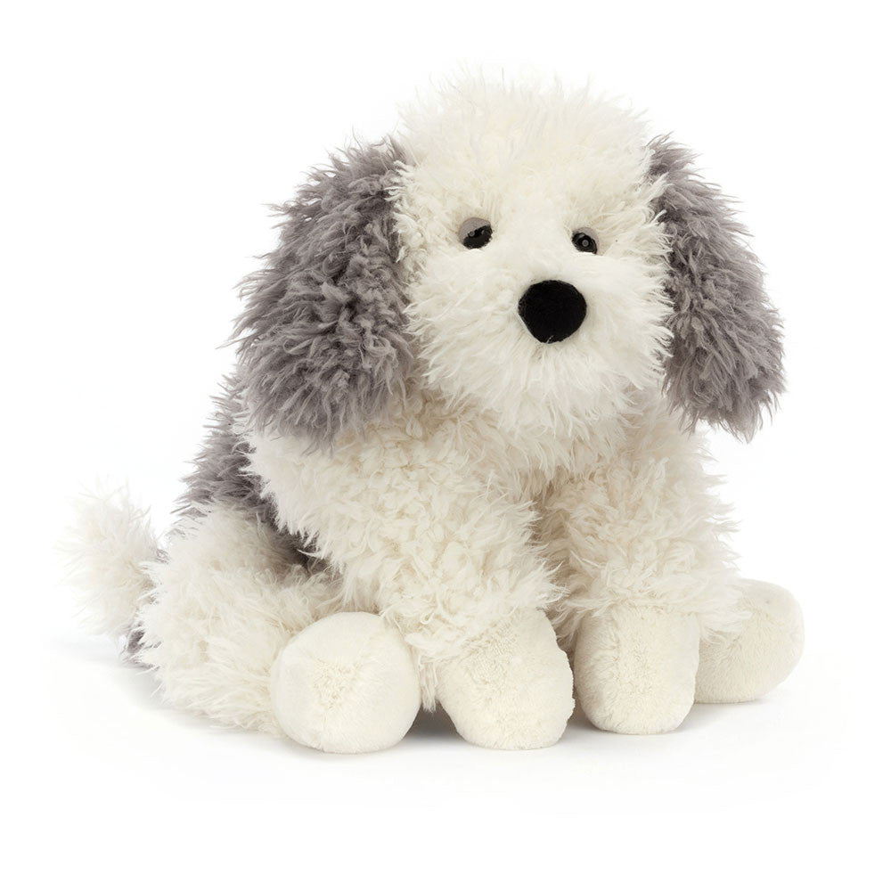 Jellycat Floofie Sheepdog plush toy sitting upright, featuring a soft cream and grey fluffy coat, floppy ears, and a stitched black nose.