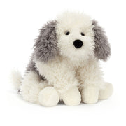 Jellycat Floofie Sheepdog plush toy sitting upright, featuring a soft cream and grey fluffy coat, floppy ears, and a stitched black nose.