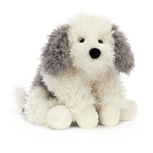 Jellycat Floofie Sheepdog plush toy sitting upright, featuring a soft cream and grey fluffy coat, floppy ears, and a stitched black nose.