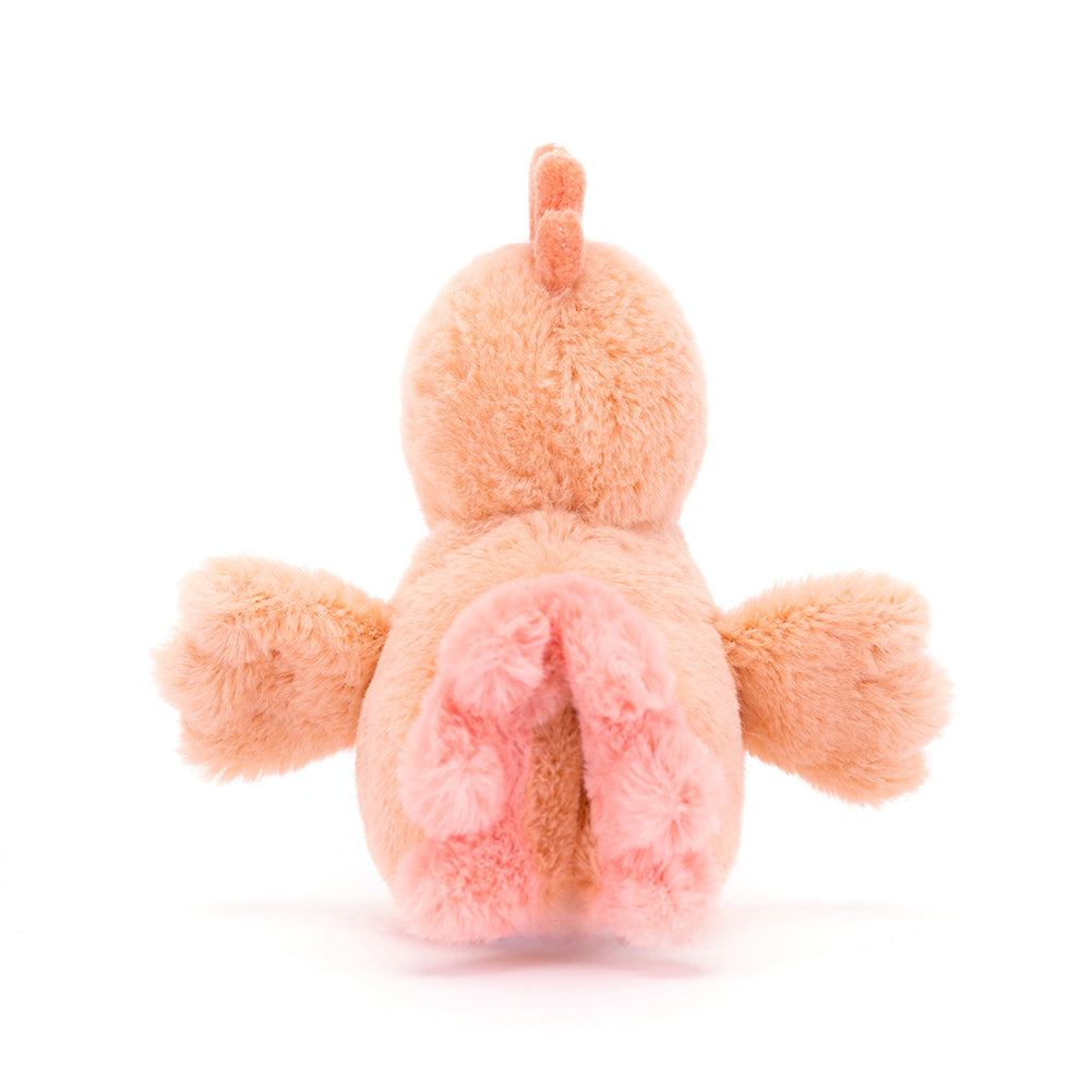 Rear View: Jellycat Fluffy Chicken with soft apricot fur.