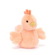 Angled View: Jellycat Fluffy Chicken plush toy, soft apricot chicken with mustard beak.