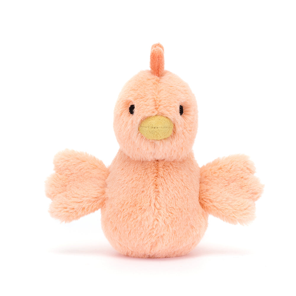 Straight View: Jellycat Fluffy Chicken plush toy, soft apricot chicken with mustard beak.