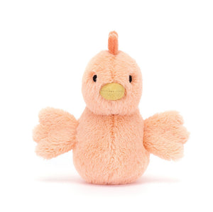 Super-soft cuddles guaranteed! This frontal view of Jellycat Fluffy Chicken highlights its charming face, bright colors & plushy appeal.