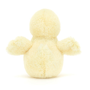 Rear View: Jellycat Fluffy Duck soft yellow duckling.