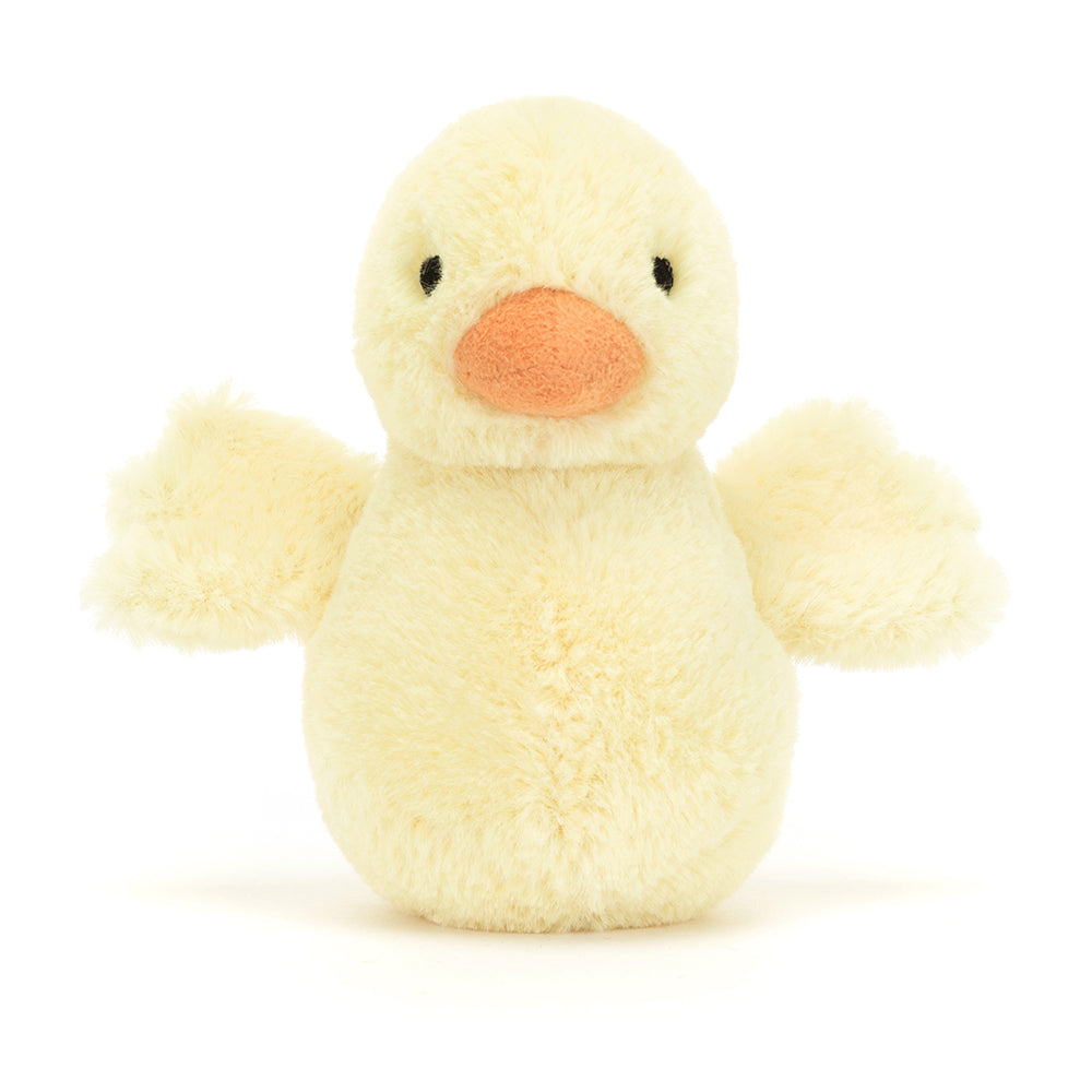 Straight View: Jellycat Fluffy Duck soft yellow duckling with suedette bill.