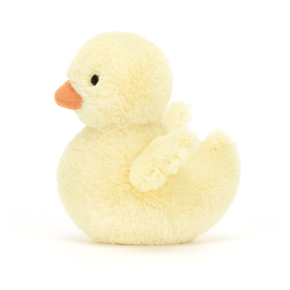 Side View: Jellycat Fluffy Duck soft yellow duckling with suedette bill.