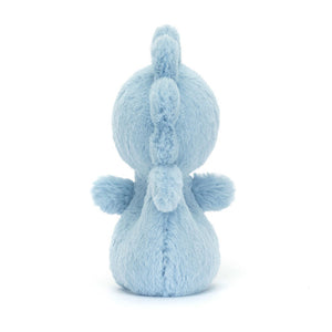 Back View: Backside of the Jellycat Fluffy Seahorse showcases the soft plush with a hint of the aqua mane peeking through. This charming seahorse adds a touch of whimsy to playtime, with a curly tail and mini bobble flippers.