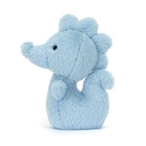 Side View: Side profile of the cuddly Jellycat Fluffy Seahorse. Highlights the ideal size for tiny hands (suitable from birth!), the luxuriously soft texture, the captivating details like the aqua mane, banana nose, and the cute wiggle of the curly tail.