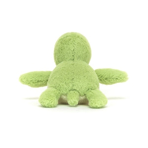 Back View: Backside of the Jellycat Fluffy Turtle showcases the vibrant lime green shell and a hint of the soft, creamy tummy.