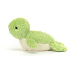 Side View: Side profile of the cuddly Jellycat Fluffy Turtle. Highlights the ideal size for little hands (suitable from birth!), the luxuriously soft texture with a hint of the fuzzy pompom head peeking out. The vibrant lime green shell, leafy flippers, and cute stitched smile.