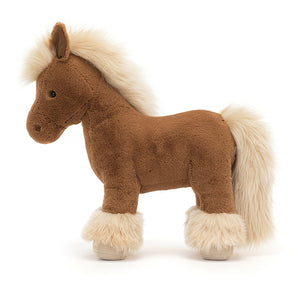 Side:  This adorable Jellycat Freya Pony shows off its soft coat, elegant profile with suedette nostrils, and the delightful details of its mane, tail, and feathery hooves.