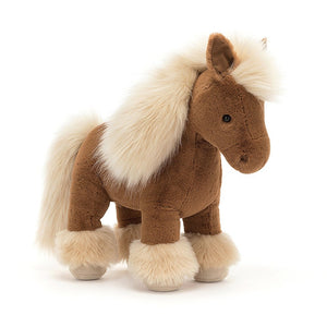 Front:  A luxuriously soft Jellycat Freya Pony with a toffee-colored coat, a flowing blonde mane and tail, and charming details like leaf-fold ears and feathery hooves.
