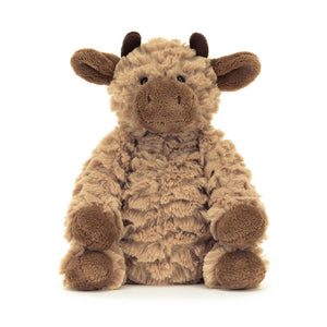 Front close-up: Close-up of Jellycat Fuddles Calf’s adorable stitched nose and soft fur.