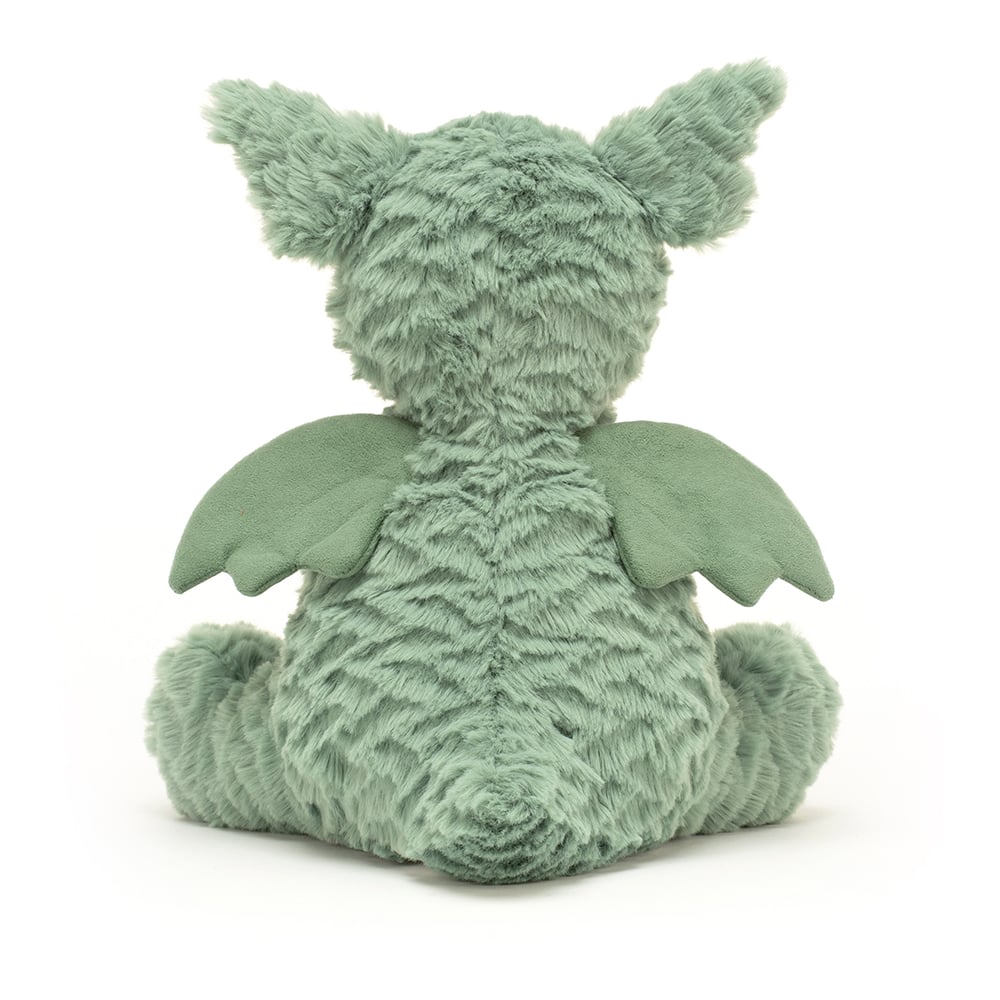 Back: The back of the Jellycat Fuddlewuddle Dragon reveals its luxuriously soft minty green fur, a cute little tail, and the delicate details of its suedey wings.
