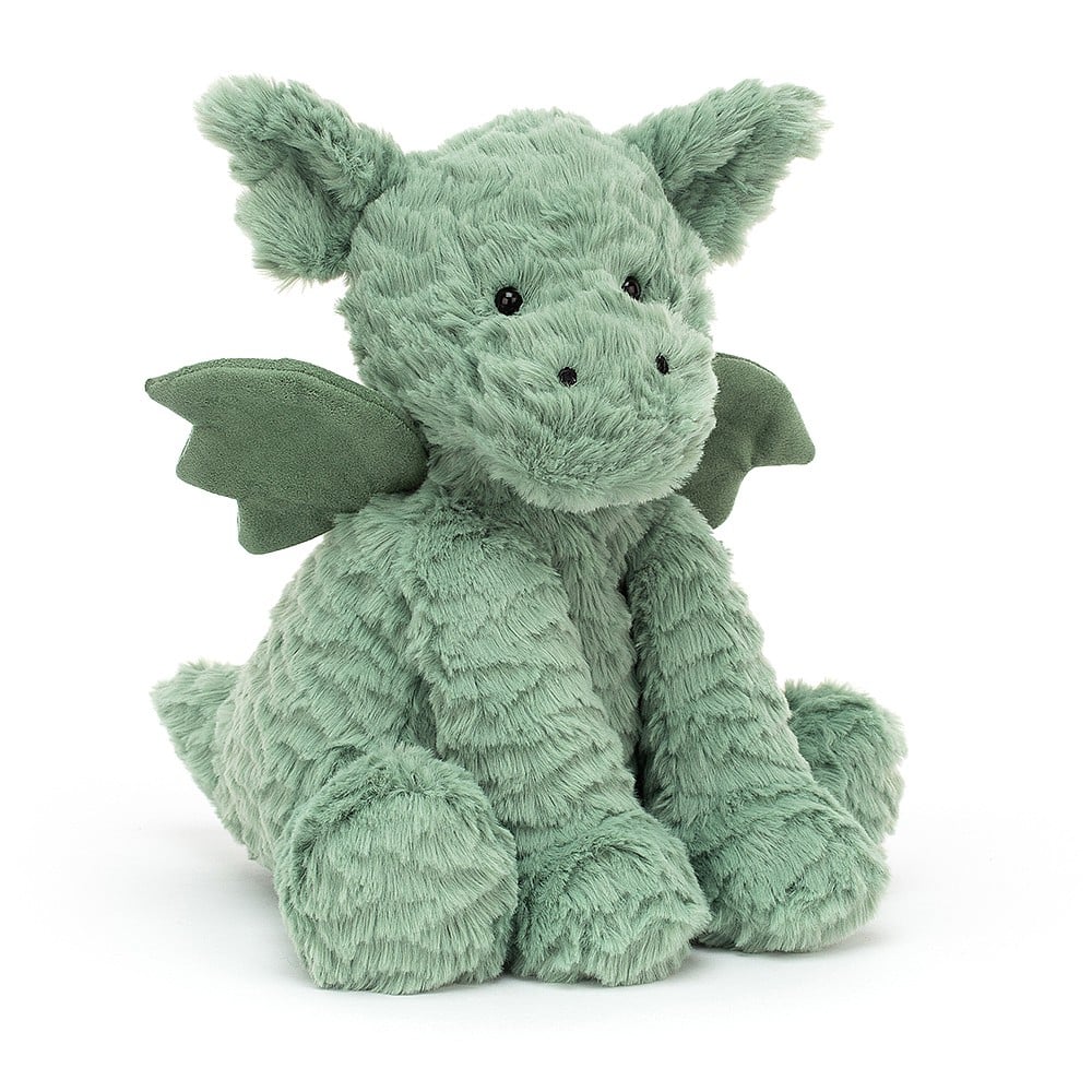 Front: A super soft and cuddly Jellycat Fuddlewuddle Dragon with perky ears, a friendly embroidered smile, and petite suedey wings folded at its sides.