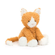 An Image of Jellycat Fuddlewuddle Ginger Cat a cute and cuddly ginger cat plush toy with soft marmalade fur, floppy ears, and a pink suede nose. The cat has has a bean-filled bottom