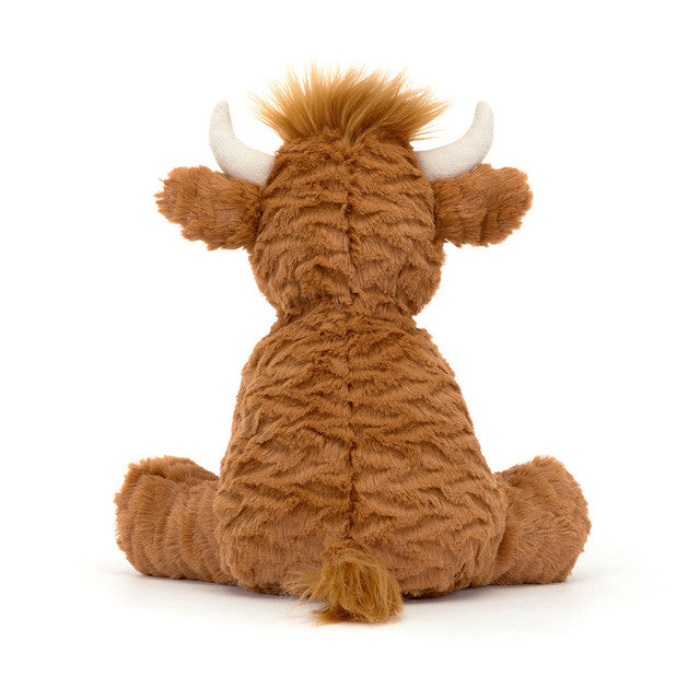 Back View: Backside of the Jellycat Fuddlewuddle Highland Cow showcases the signature tousled toffee fur and a cute, fluffy tail.
