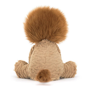 Back: The back of the Jellycat Fuddlewuddle Lion reveals its luxuriously soft ginger fur, a cute little tail, and the detailed stitching of its soft brown mane.