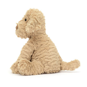 Side: This adorable Jellycat Fuddlewuddle Puppy shows off its luxuriously soft, floppy fur, endearing side profile 