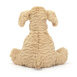 Back: The back of the Jellycat Fuddlewuddle Puppy reveals its luxuriously soft fur with a hint of delightful disarray, a cute little tail