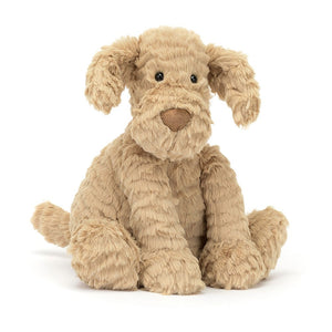 Front: A super soft and cuddly Jellycat Fuddlewuddle Puppy with a surprised expression, floppy ears