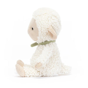 Side: This adorable Jellycat Fuzzkin Lamb shows off its irresistible curly fur, endearing side profile with floppy ears, and a cute little tail.