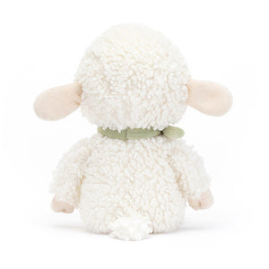 Back: The back of the Jellycat Fuzzkin Lamb reveals its luxuriously soft, curly fur in a calming cream color, a cute little tail, and the simple charm of its embroidered face.