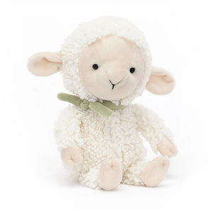 Front:  A super soft and cuddly Jellycat Fuzzkin Lamb with a sweet embroidered face, floppy ears, and a luxuriously soft, curly coat in a beautiful cream color.