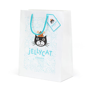 A white gift bag featuring the red Jellycat logo. Eco-friendly cotton handles for comfortable carrying. Available in two sizes for perfect Jellycat plush fit.