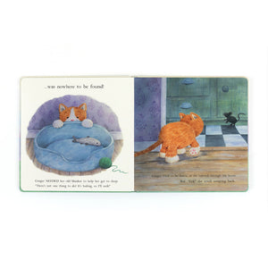 Jellycat Ginger the Courageous Kitten book, open to an inside spread, showing a beautifully illustrated scene.