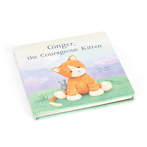 Jellycat Ginger the Courageous Kitten book, displayed at a slight angle, showcasing the beautifully illustrated cover and title.