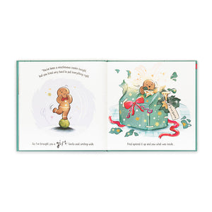 Inside Page 1: A vibrant illustration of a gingerbread man perched atop a Brussels sprout and another unwrapping a gift.