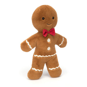 Jellycat Jolly Huge Gingerbread Fred plush toy, featuring soft gingerbread fabric, a smiling face, and festive embroidered details, shown from the front.