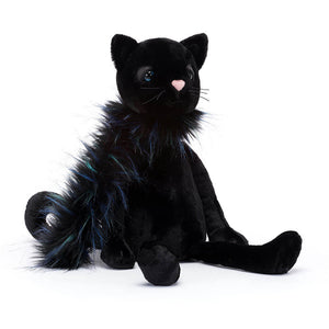 Front view of Jellycat Glamorama Cat plush toy with shimmering bow and soft fur.