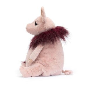 Front view of Jellycat Glamorama Pig, featuring its adorable face, rosy pink fur, and a sparkling tutu for a touch of glamour.