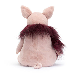 Back view of Jellycat Glamorama Pig, highlighting the fluffy pink tail and glittery tutu that wraps around its soft plush body.