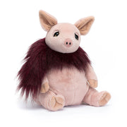 Jellycat Glamorama Pig in a shimmering tutu, showing its soft pink fur and glittery side profile with charming details.