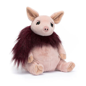 Jellycat Glamorama Pig in a shimmering tutu, showing its soft pink fur and glittery side profile with charming details.