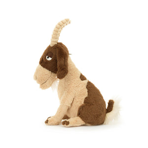 Side profile of the Jellycat Glenny Goat plush, showing its soft fur and the gentle curve of its cord horns.