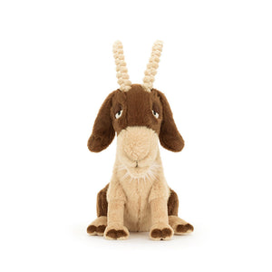 Front view of the Jellycat Glenny Goat plush, highlighting its expressive, hooded eyes and sleepy, stitched smile.

