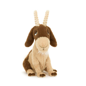 Jellycat Glenny Goat plush toy, displayed at a slight angle, showcasing its tan and brown fur, cord horns, and fluffy cream beard.